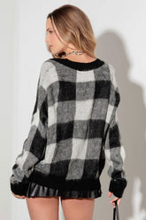V-Neck Checkered Cardigan with Pockets Mustard Seed